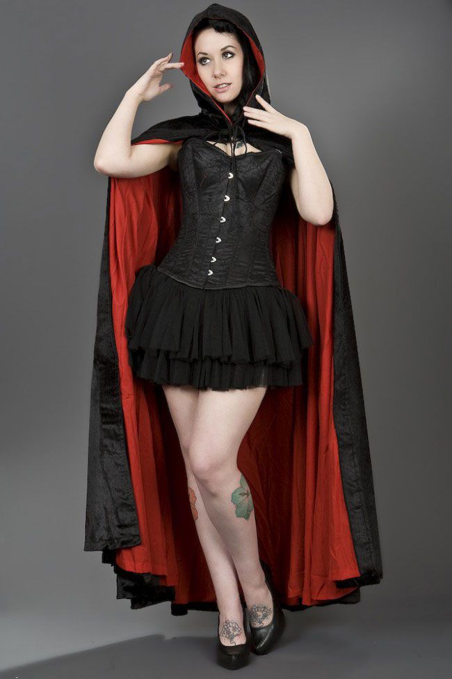 Gothic Hooded Cape In Black Velvet And Satin Lining - Burleska