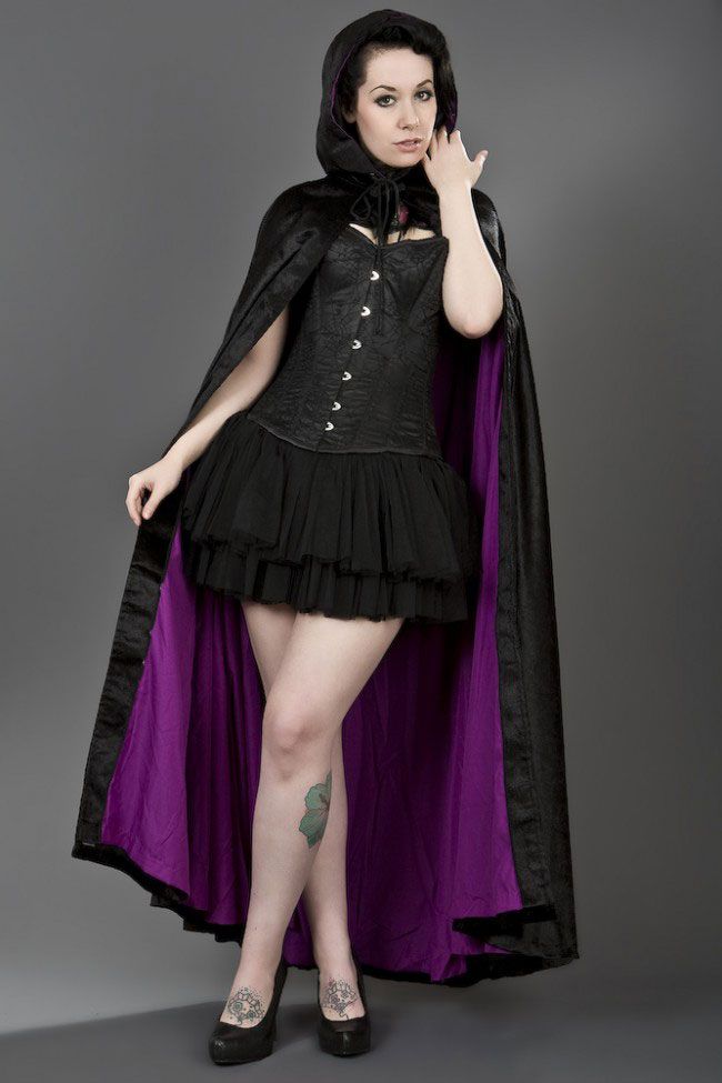 Gothic Hooded Cape In Black Velvet And Satin Lining-Burleska-Dark Fashion Clothing