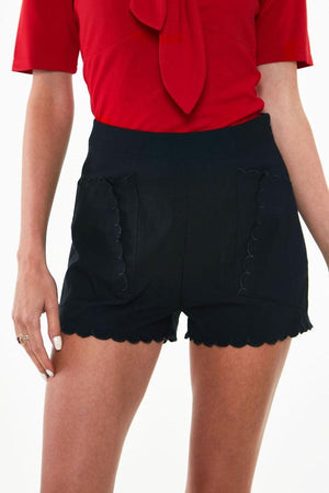 High Waisted Shorts With Embroidered Scallop Pocket Detail-Voodoo Vixen-Dark Fashion Clothing
