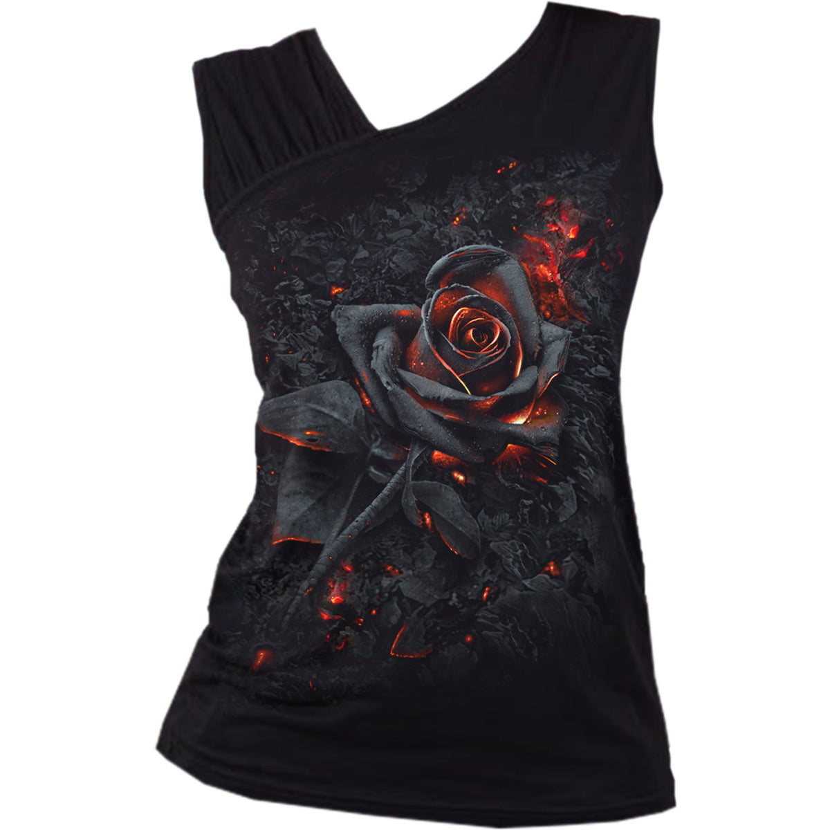 Burnt Rose (Digital Print) - Gathered Shoulder Slant Vest Black