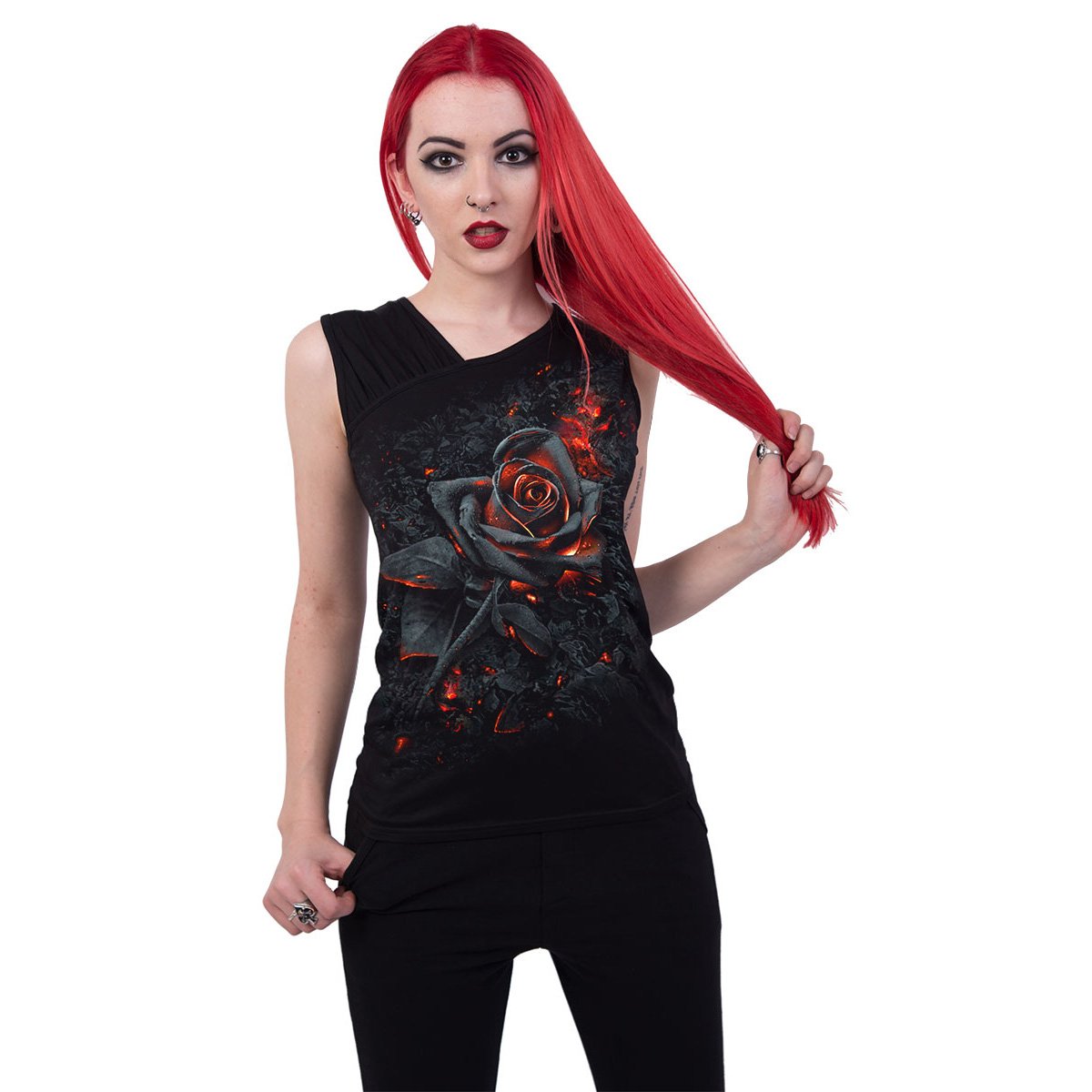 Burnt Rose (Digital Print) - Gathered Shoulder Slant Vest Black