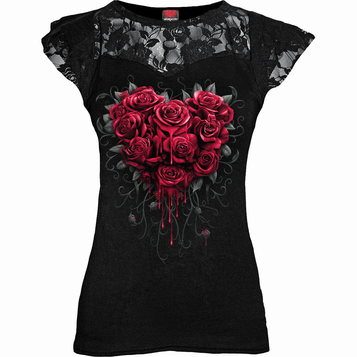 Bleeding Heart (Digital Print) - Lace Layered Cap Sleeve Top Black