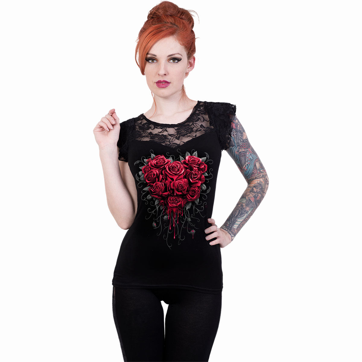 Bleeding Heart (Digital Print) - Lace Layered Cap Sleeve Top Black