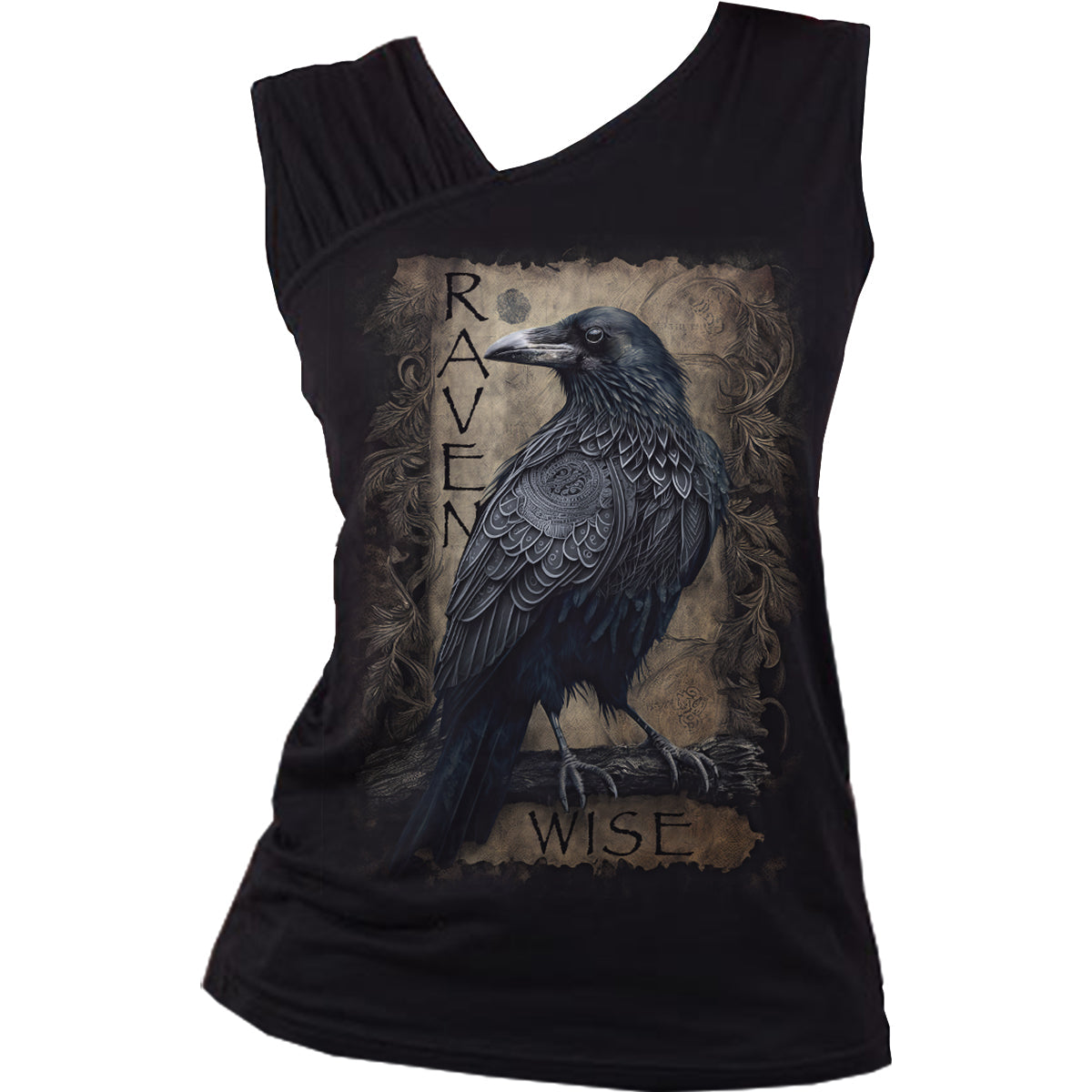 Raven Wise (Screen Print) - Gathered Shoulder Slant Vest Black