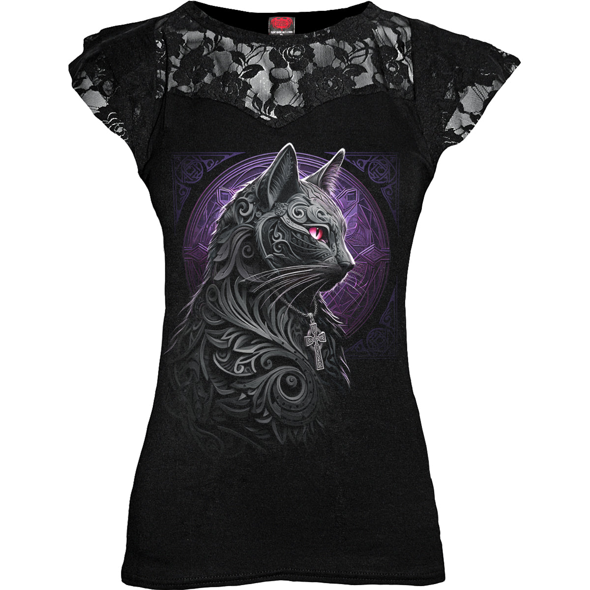 Celtic Whiskers (Digital Print) - Lace Layered Cap Sleeve Top Black