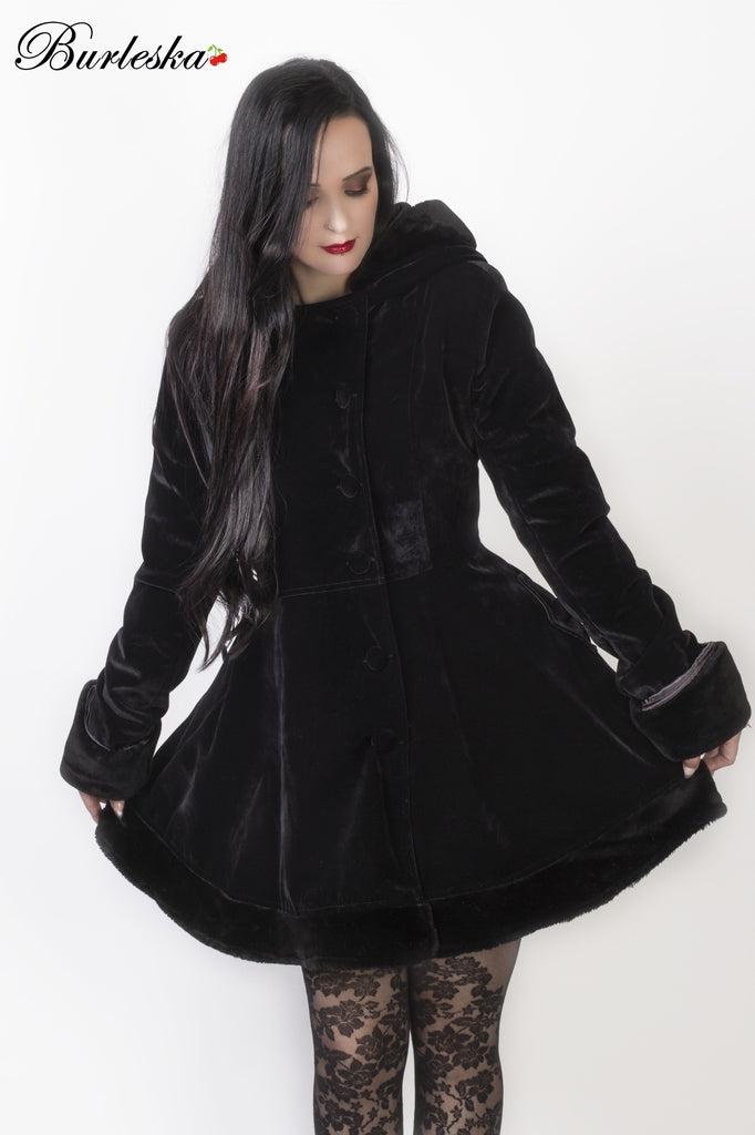 Karen Ladies Coat With Hood In Black Velvet Flock And Black Fur-Burleska-Dark Fashion Clothing
