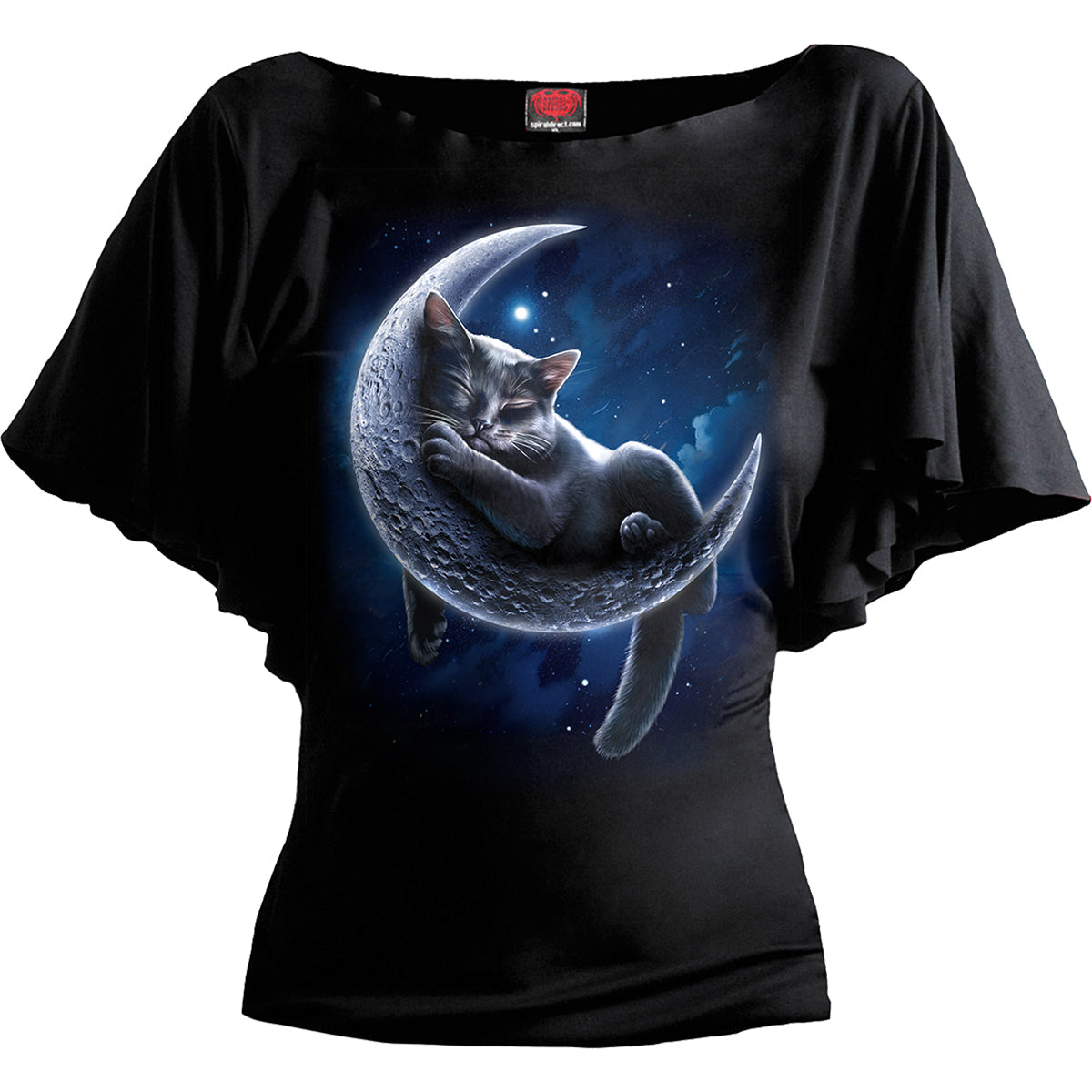 Velvet Moon (Screen Print) - Boat Neck Bat Sleeve Top Black