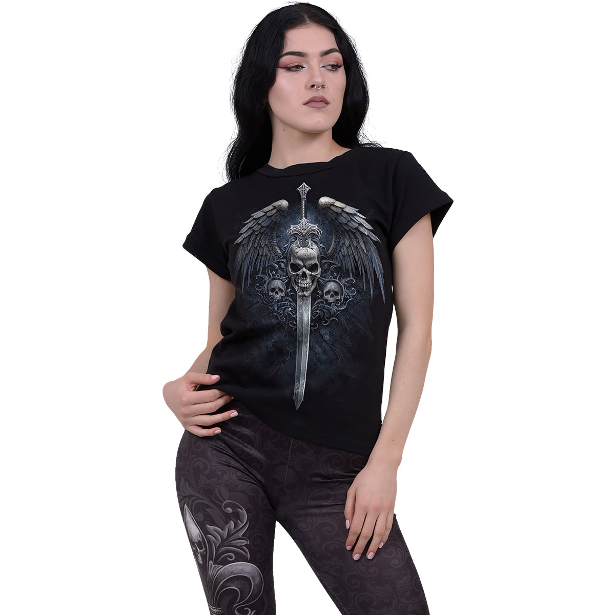 Angel Sword (Screen Print) - Boatneck Cap Sleeve Top Black