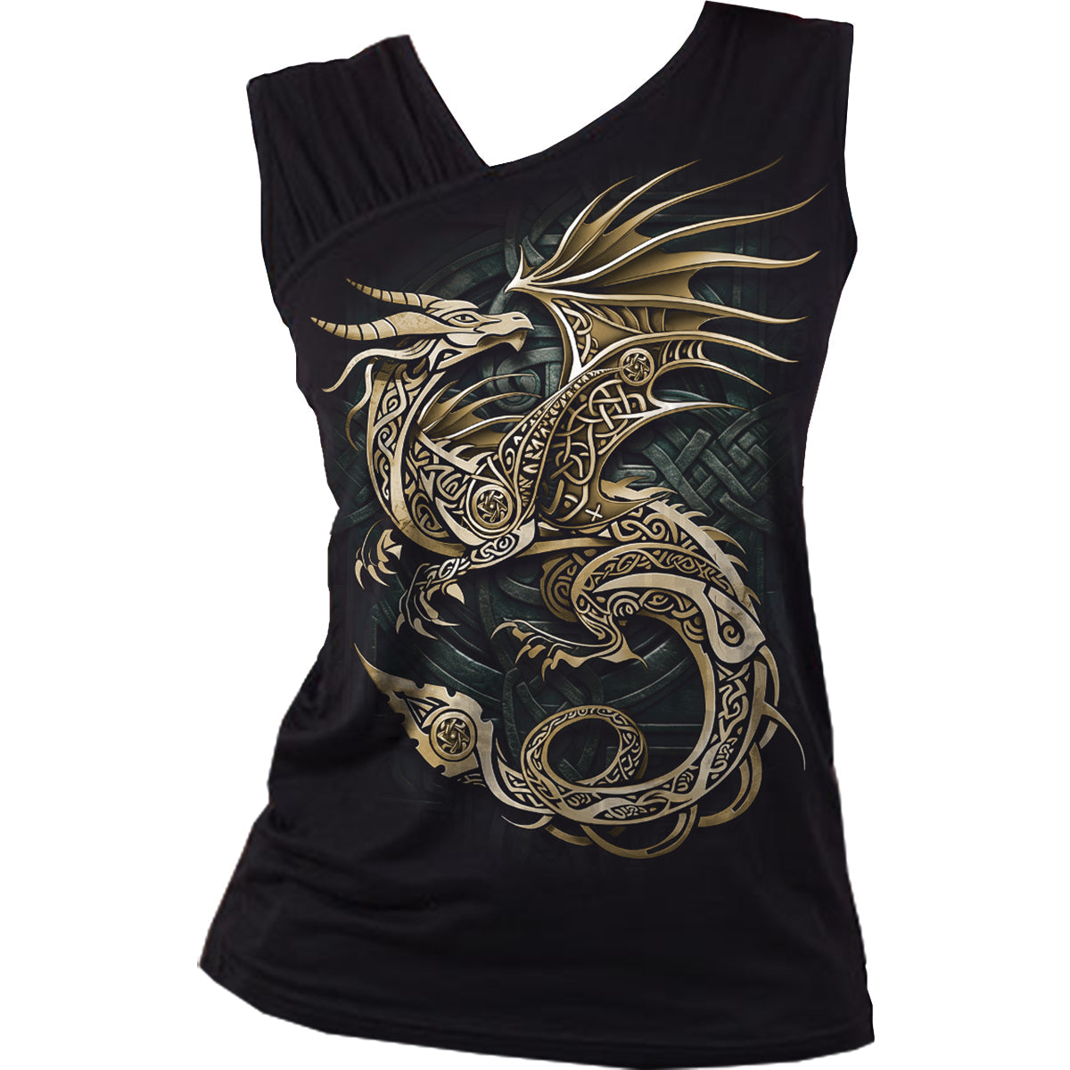 Celtic Dragon - (Digital Print) - Gathered Shoulder Slant Vest Black