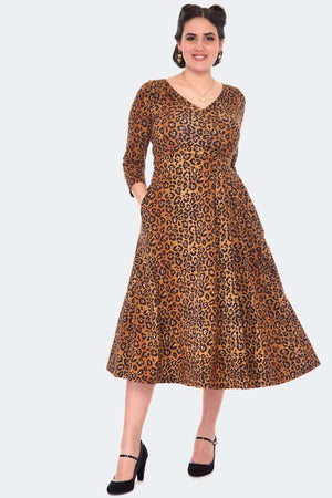 Leopard Print Flare Dress-Voodoo Vixen-Dark Fashion Clothing