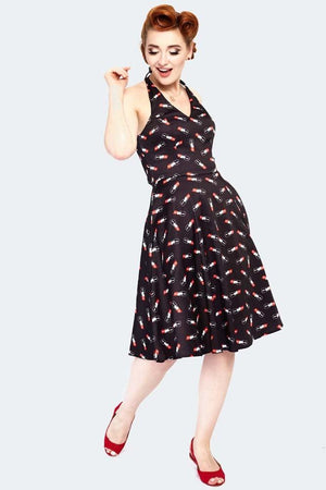 Libby Lipstick Print Flared Dress-Voodoo Vixen-Dark Fashion Clothing