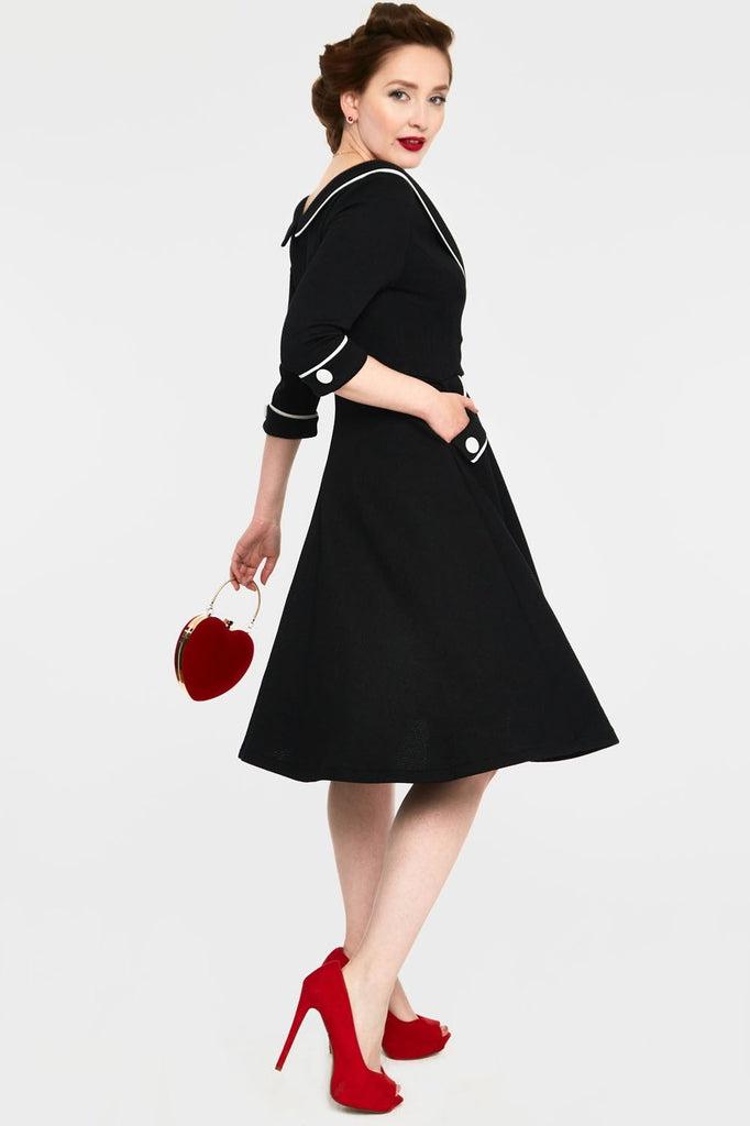 Marica 1950s Herringbone Wide Collar Flared Dress-Voodoo Vixen-Dark Fashion Clothing