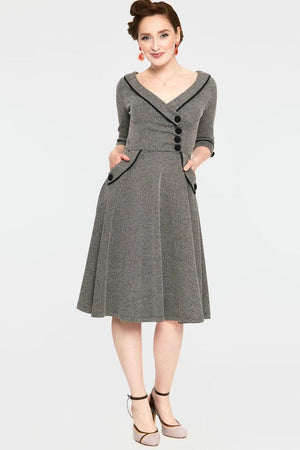 Marica 1950s Herringbone Wide Collar Flared Dress-Voodoo Vixen-Dark Fashion Clothing