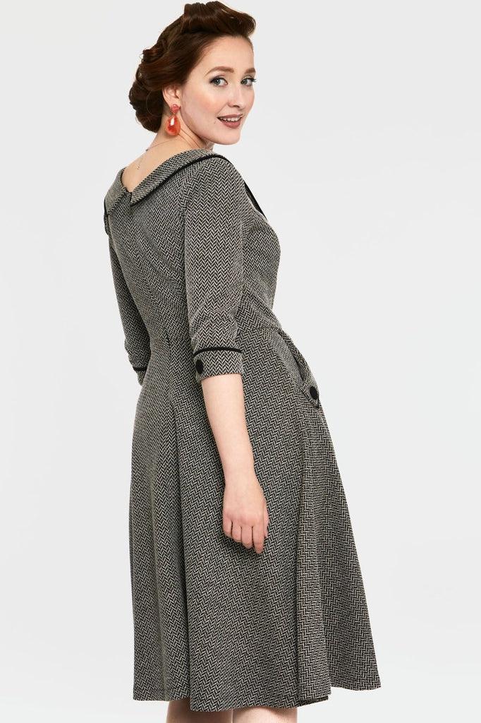 Marica 1950s Herringbone Wide Collar Flared Dress-Voodoo Vixen-Dark Fashion Clothing