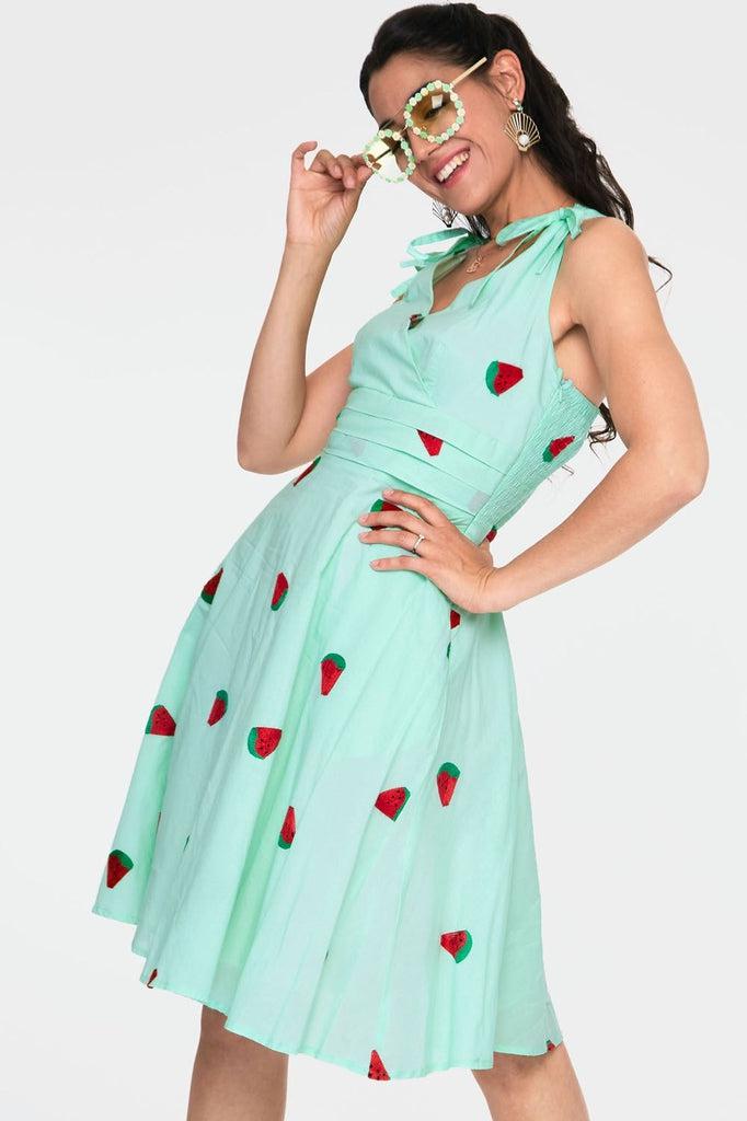 Maureen Watermelon Embroidery Flared Dress-Voodoo Vixen-Dark Fashion Clothing