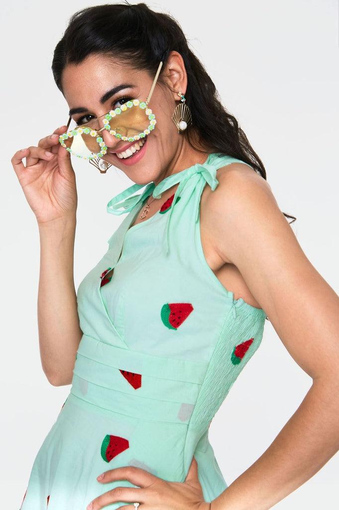 Maureen Watermelon Embroidery Flared Dress-Voodoo Vixen-Dark Fashion Clothing