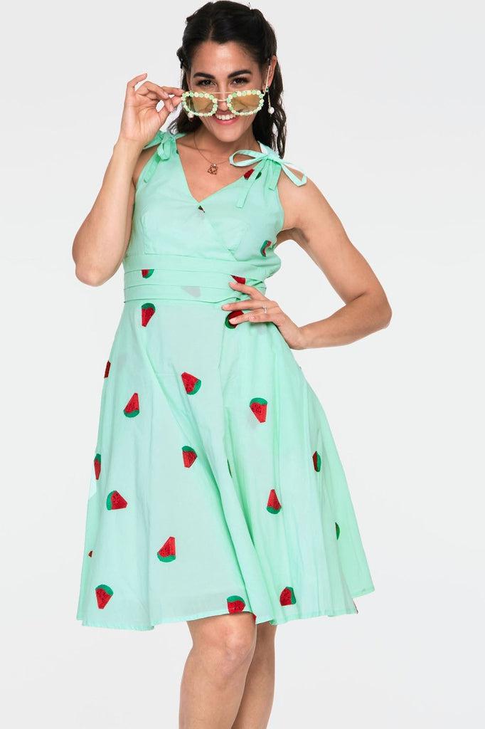 Maureen Watermelon Embroidery Flared Dress-Voodoo Vixen-Dark Fashion Clothing