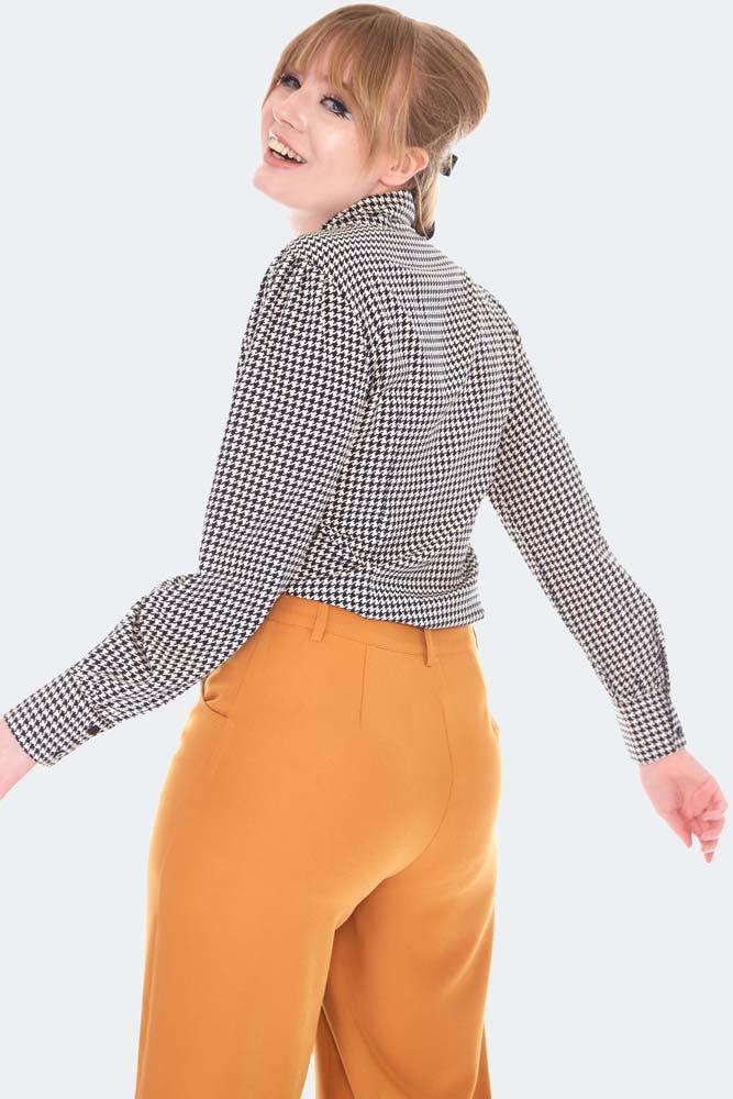 Multi Houndstooth Pussybow Blouse-Voodoo Vixen-Dark Fashion Clothing