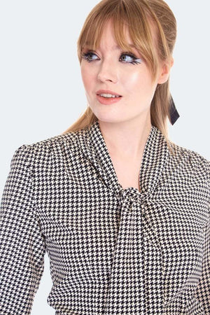 Multi Houndstooth Pussybow Blouse-Voodoo Vixen-Dark Fashion Clothing