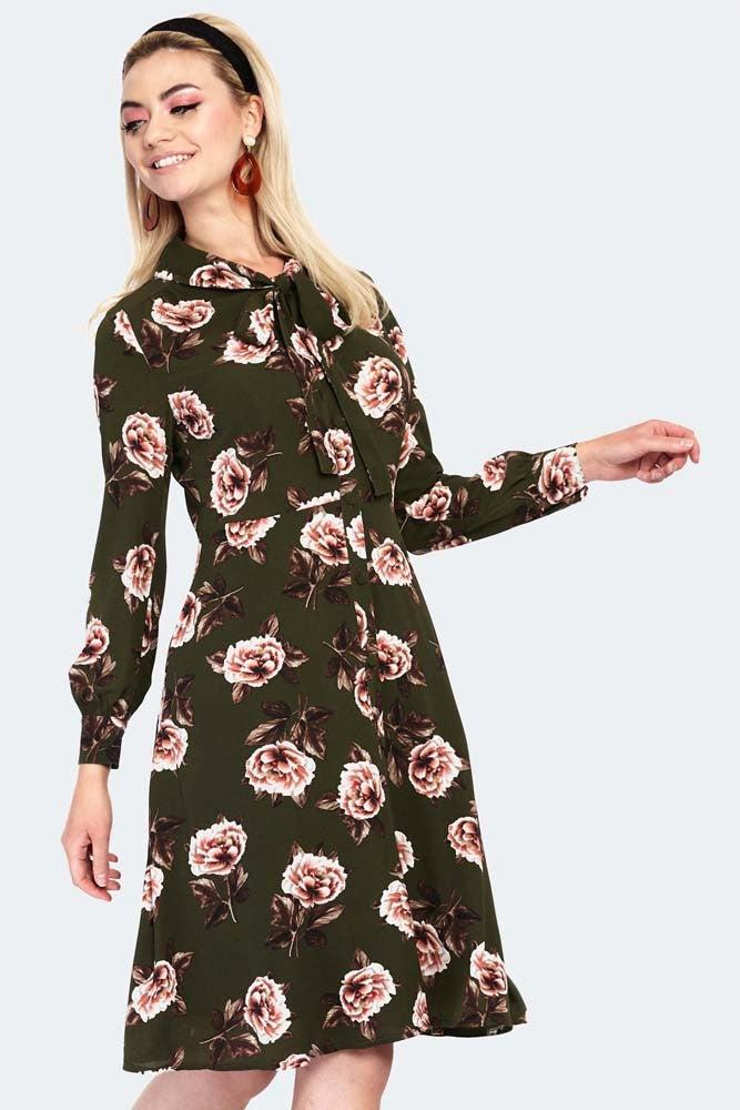 Nora Floral 40s Style Tea Dress-Voodoo Vixen-Dark Fashion Clothing