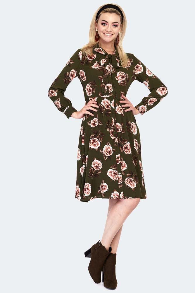 Nora Floral 40s Style Tea Dress-Voodoo Vixen-Dark Fashion Clothing
