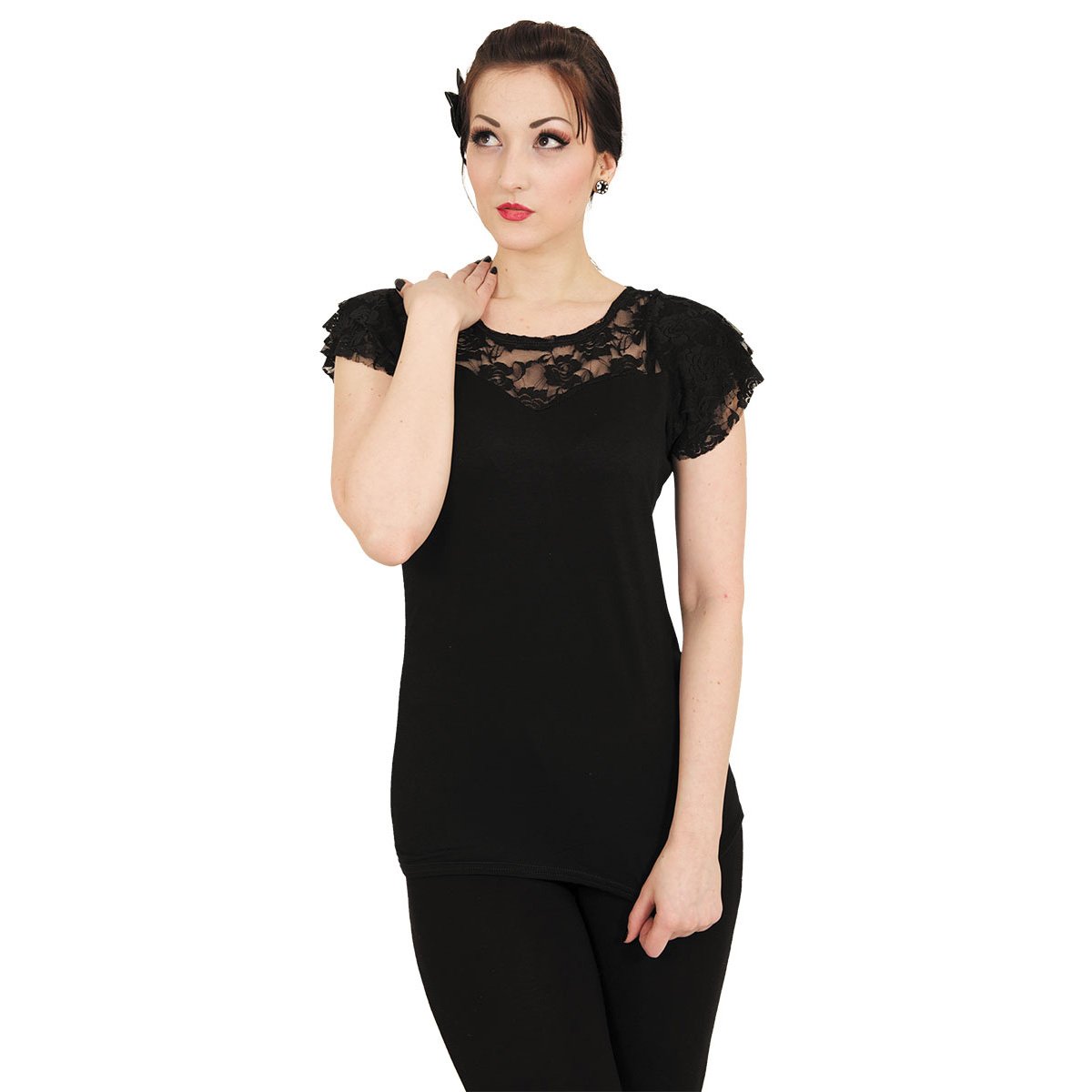 Gothic Elegance - Lace Layered Cap Sleeve Top Black