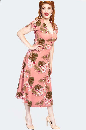 Pink V Neck Flared Dress-Voodoo Vixen-Dark Fashion Clothing