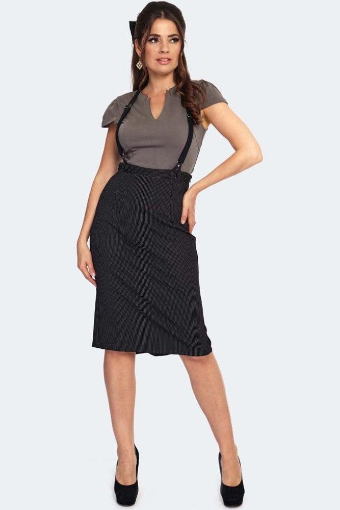 Pinstipe Button And Vent Detail Suspender Skirt-Voodoo Vixen-Dark Fashion Clothing