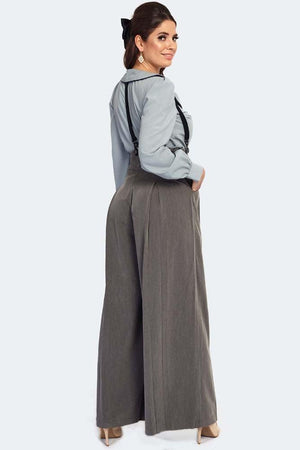 Pinstripe Suspender Wide Leg Trousers-Voodoo Vixen-Dark Fashion Clothing