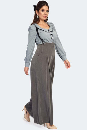 Pinstripe Suspender Wide Leg Trousers-Voodoo Vixen-Dark Fashion Clothing