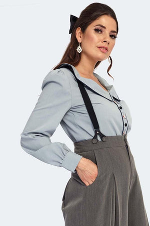 Pinstripe Suspender Wide Leg Trousers-Voodoo Vixen-Dark Fashion Clothing