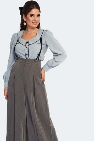 Pinstripe Suspender Wide Leg Trousers-Voodoo Vixen-Dark Fashion Clothing