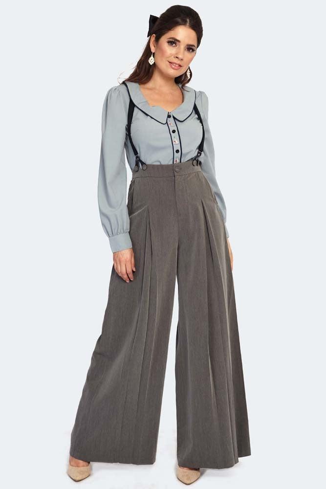 Pinstripe Suspender Wide Leg Trousers-Voodoo Vixen-Dark Fashion Clothing