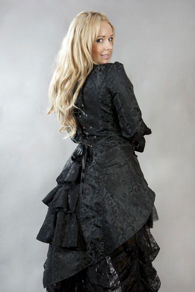Pirate Coat For Women In Black Scroll Brocade-Burleska-Dark Fashion Clothing