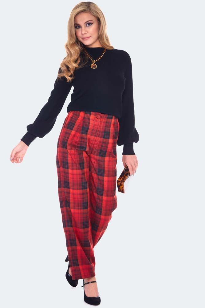 Plaid Vintage Style High Waisted Trousers-Voodoo Vixen-Dark Fashion Clothing