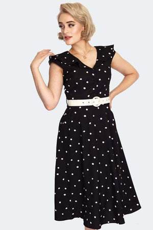 Polka Dot Wide Collar Midi Flare Dress-Voodoo Vixen-Dark Fashion Clothing