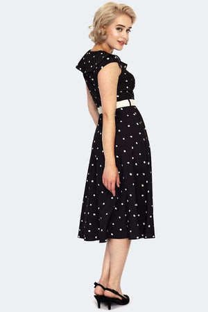 Polka Dot Wide Collar Midi Flare Dress-Voodoo Vixen-Dark Fashion Clothing