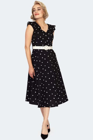 Polka Dot Wide Collar Midi Flare Dress-Voodoo Vixen-Dark Fashion Clothing