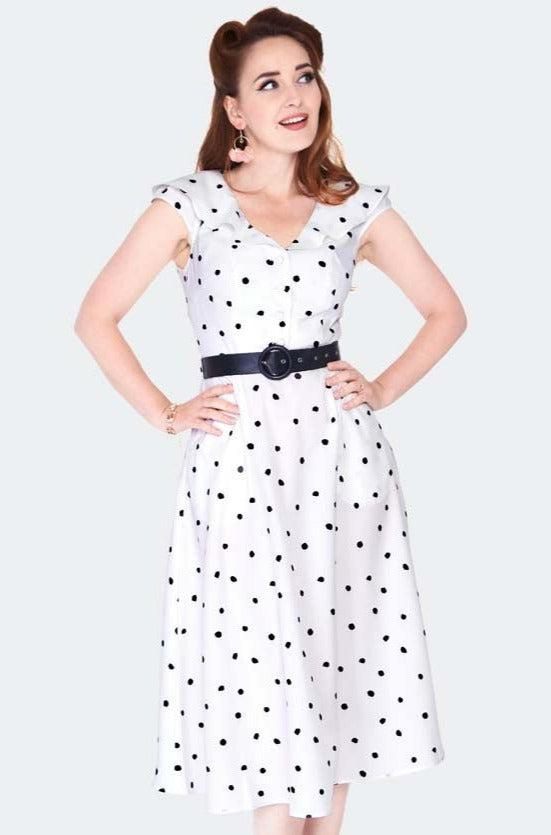 Polka Dot Wide Collar Midi Flare Dress by Voodoo Vixen - Dark Fashion Clothing Polka Dot Wide Collar Midi Flare Dress by Voodoo Vixen - Dark Fashion Clothing