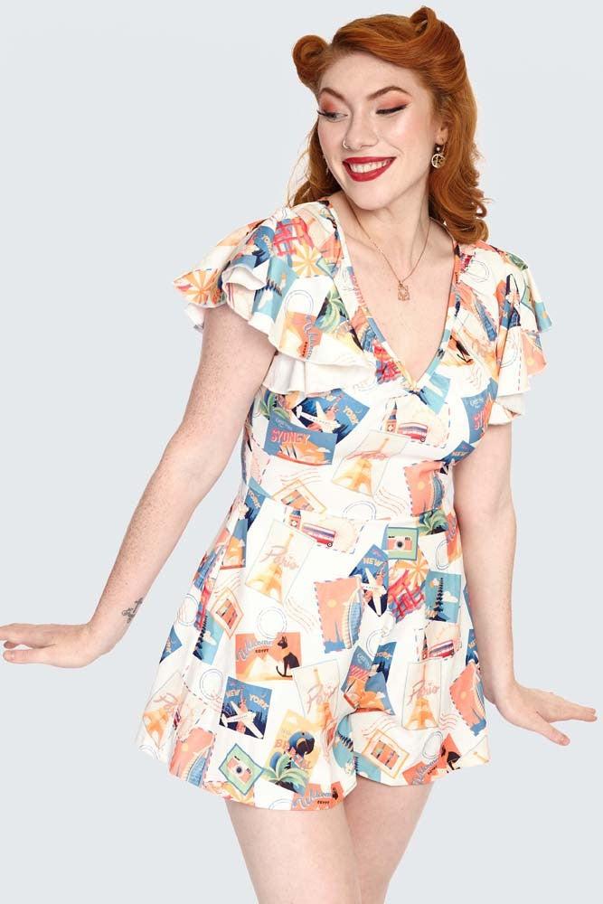 Postcard Print Flutter Collar Playsuit-Voodoo Vixen-Dark Fashion Clothing