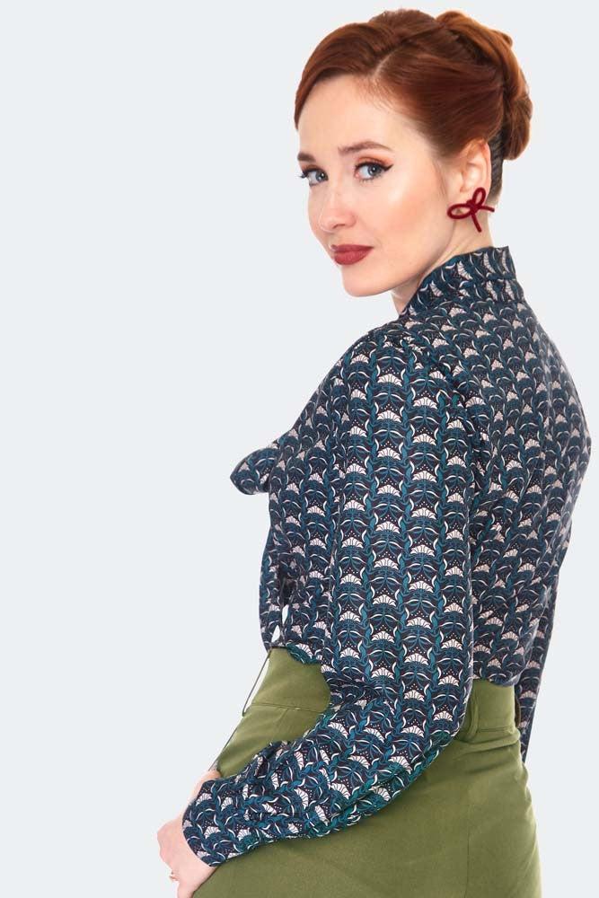 Printed Long Sleeve Pussybow Blouse-Voodoo Vixen-Dark Fashion Clothing