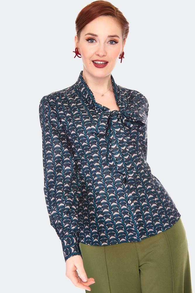 Printed Long Sleeve Pussybow Blouse-Voodoo Vixen-Dark Fashion Clothing