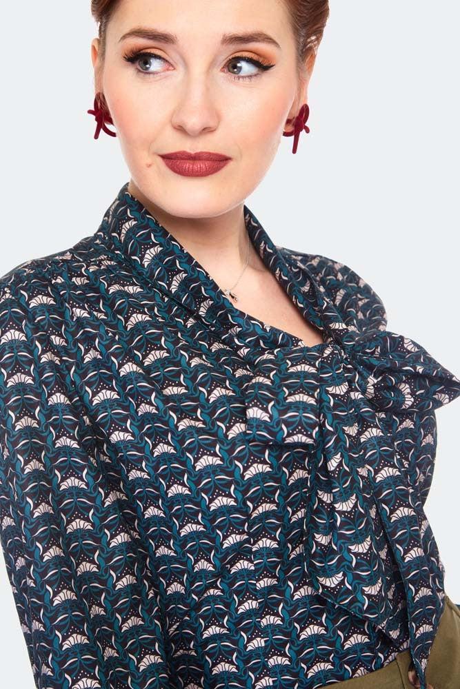 Printed Long Sleeve Pussybow Blouse-Voodoo Vixen-Dark Fashion Clothing