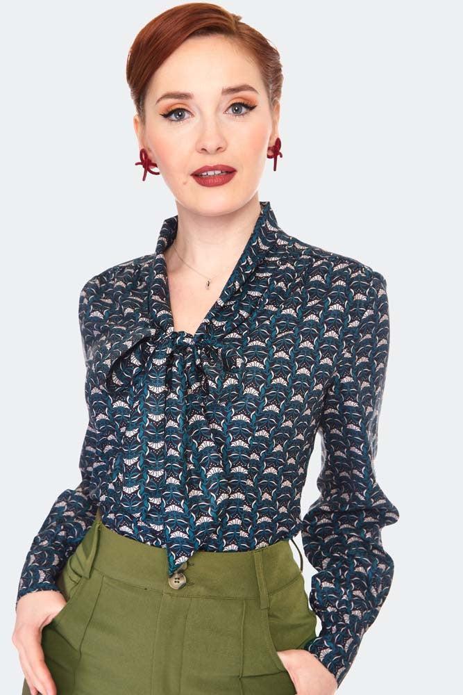 Printed Long Sleeve Pussybow Blouse-Voodoo Vixen-Dark Fashion Clothing