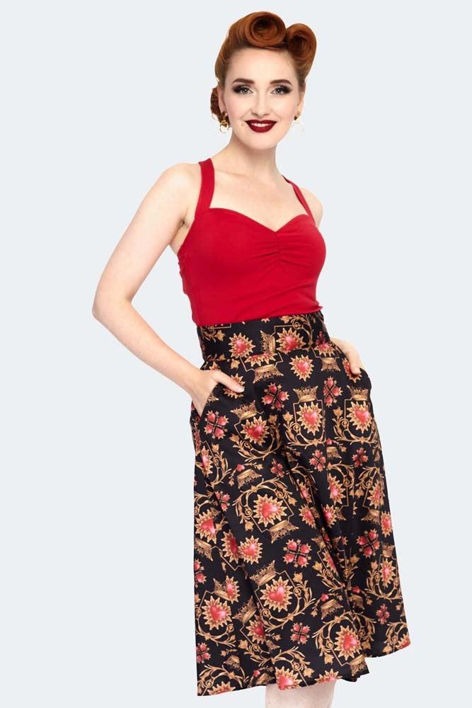 Queen Of Hearts Mid Length Flare Skirt-Voodoo Vixen-Dark Fashion Clothing