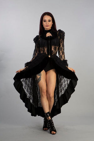 Queen Victorian Gothic Jacket In Black Lace With Velvet Flock Detail-Burleska-Dark Fashion Clothing