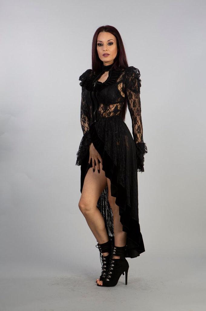 Queen Victorian Gothic Jacket In Black Lace With Velvet Flock Detail-Burleska-Dark Fashion Clothing