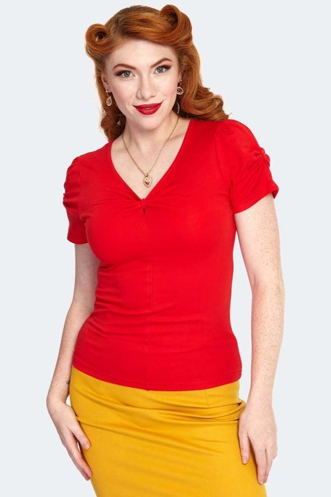 Red V Neck Ruched Top-Voodoo Vixen-Dark Fashion Clothing