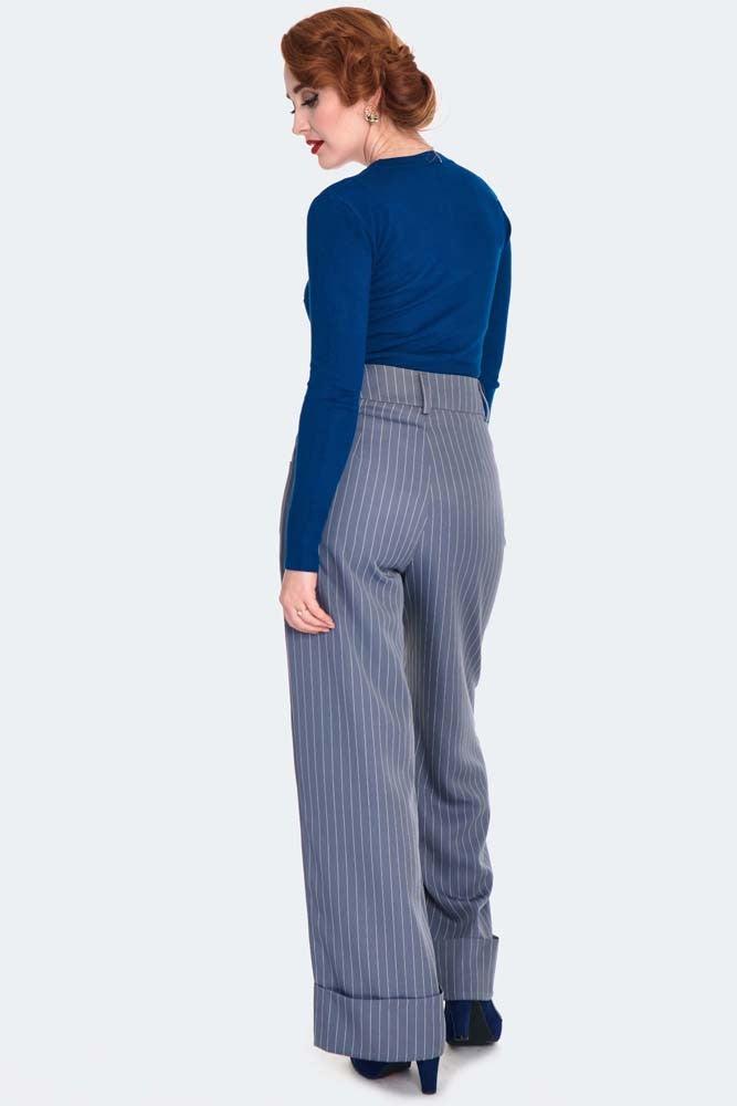 Retro Pinstripe Style Turn Up Trousers-Voodoo Vixen-Dark Fashion Clothing