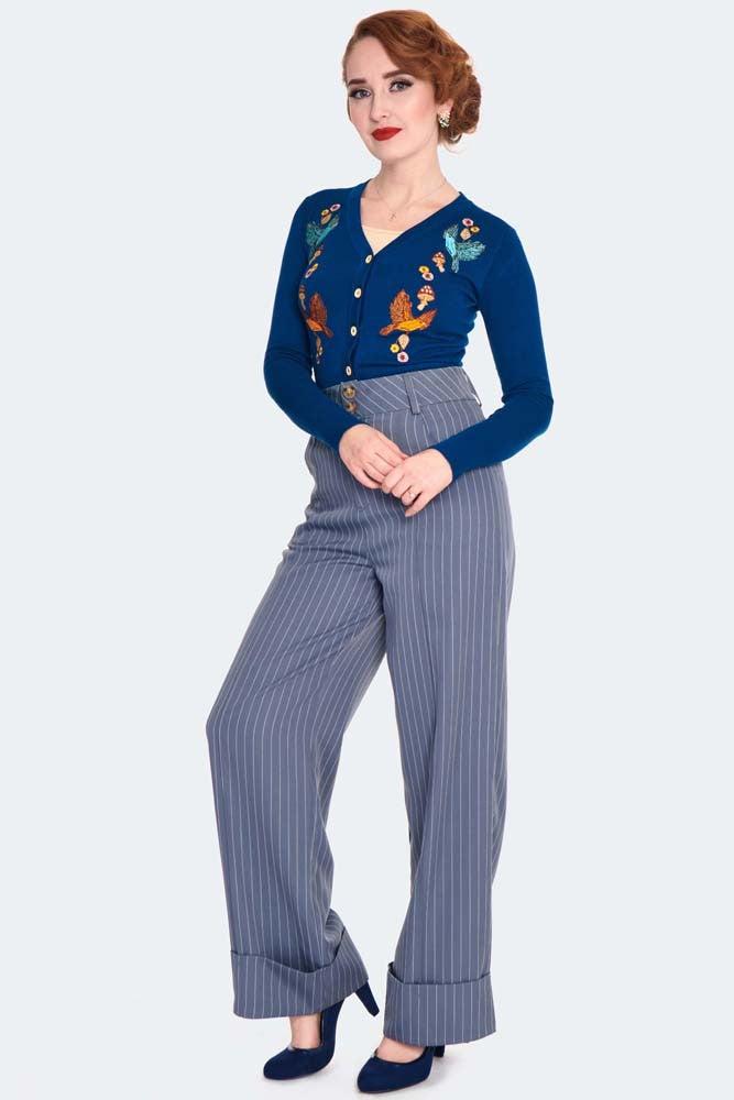 Retro Pinstripe Style Turn Up Trousers-Voodoo Vixen-Dark Fashion Clothing